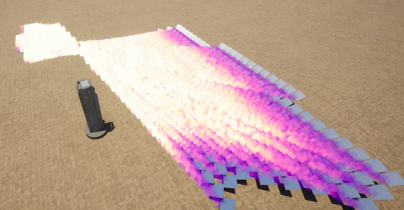 Voxelized irradiance plume rising above the receiver tower at the National Solar Thermal Test Facility