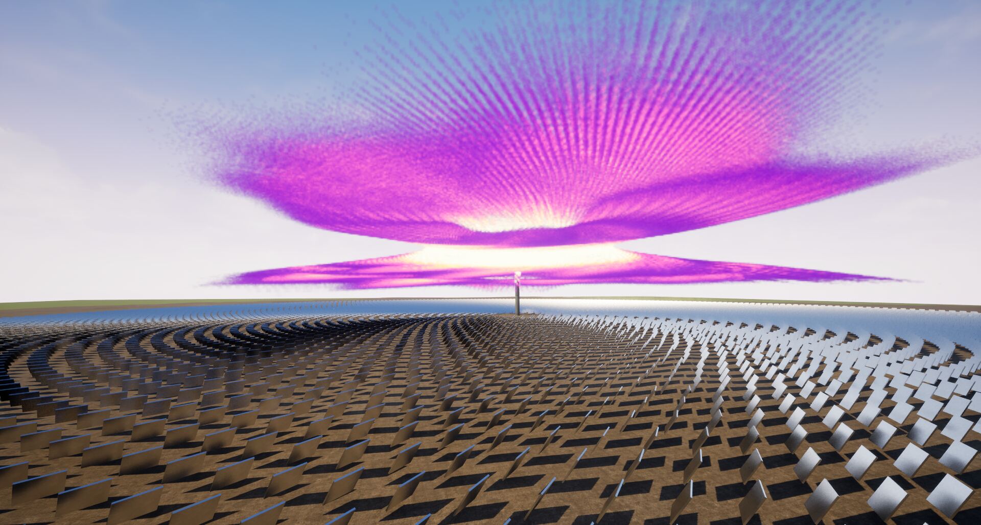 A concentrating solar power field in standby, with reflected sunlight forming a canopy of high-irradiance voxels above the heliostats